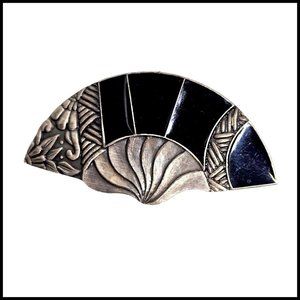 Vintage Brooch Pin Signed Nuri‎ Art Deco Style Fan Black Silver Tone